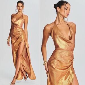 RETROFETE Cleo Silk Chiffon Maxi Dress Nude Glitter Adjustable Halter Side Slit